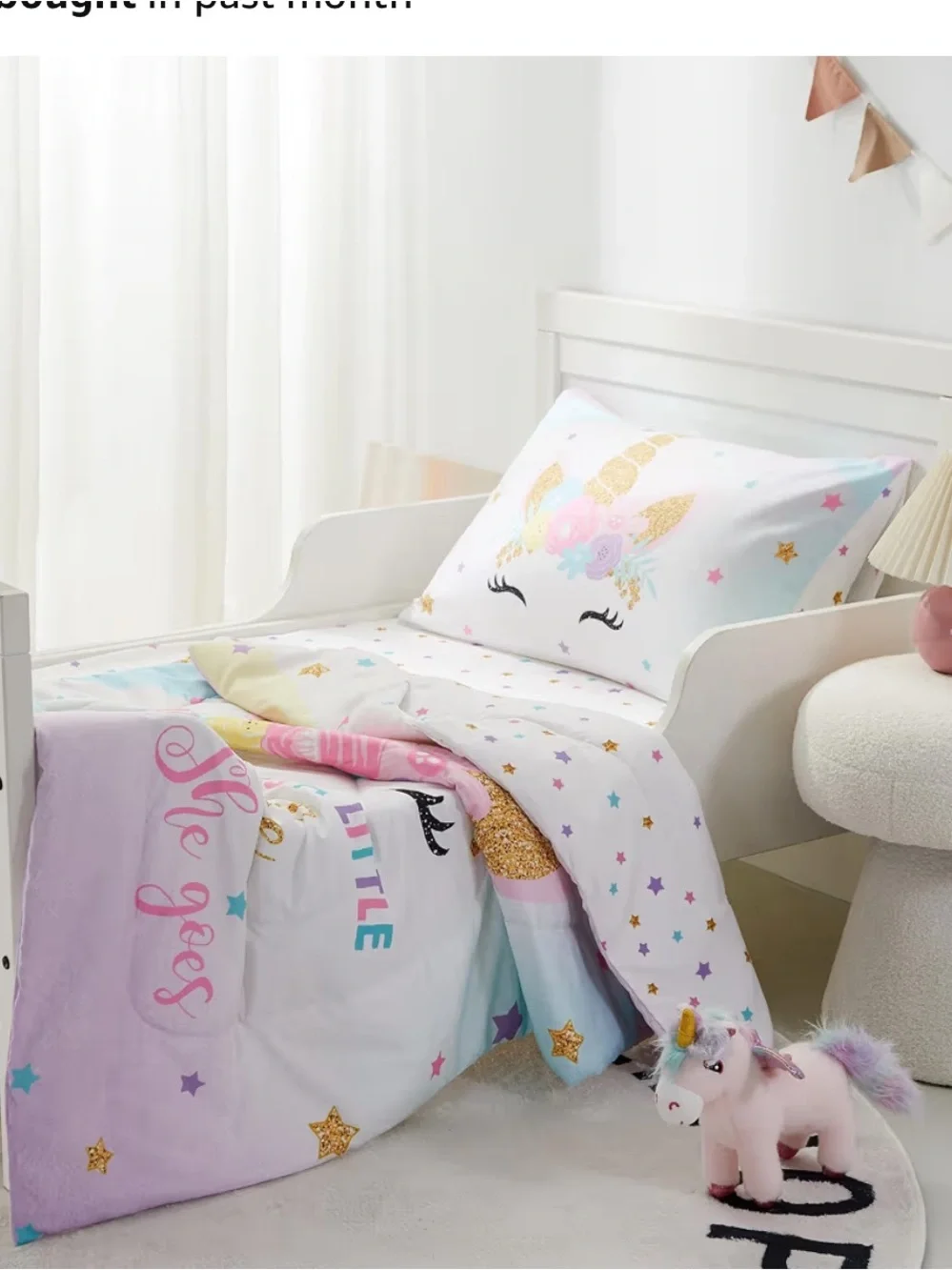 Toddler Bed Set Unicorn Pastel Pink & White Stars She leaves a little sparkle